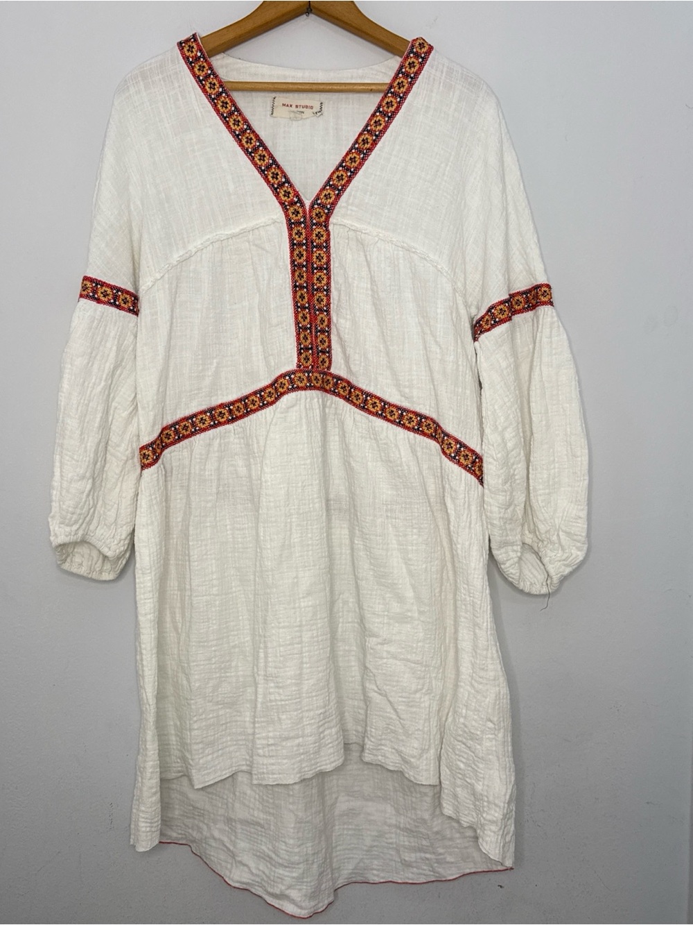 Max Studio White Tunic/Dress with Red, Yellow & Blue Embroidery Summer Boho